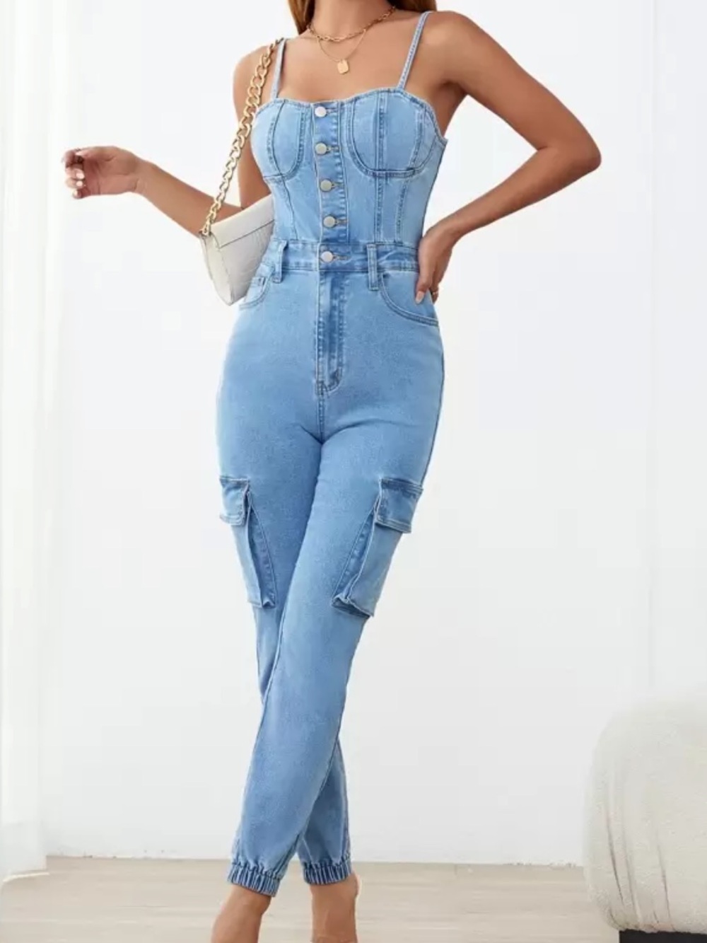 SHEIN Denim Cargo Jumpsuit Jogger Style Sweetheart Neck Medium